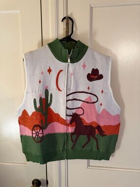 NWT Taelynn Western Scenic Horse Knit Zip Vest - Green, Pink, Orange Von Maur